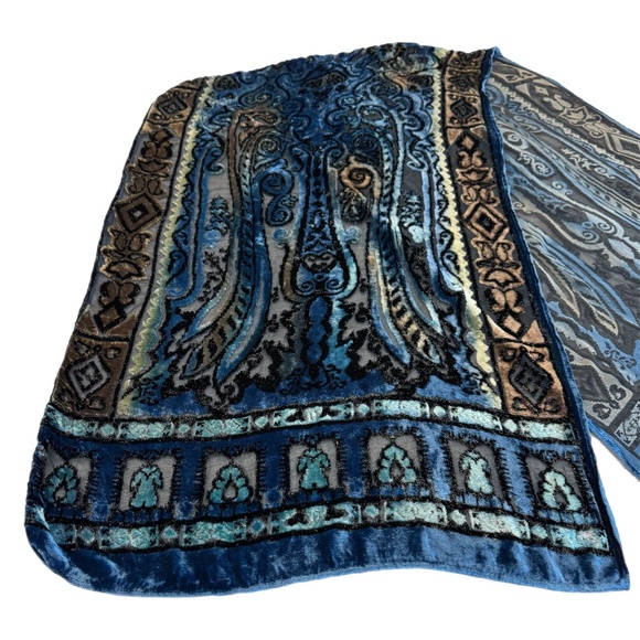 Sonia Rykiel Blue Velvet Burnout Paisley Scarf 🇫🇷 | Silk Blend Evening Shawl - Picture 6 of 11